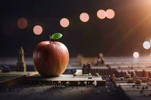 an apple sits on top of a cityscape. AI-Generated photo