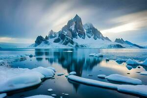 un montaña en el medio de un lago con hielo y nieve. generado por ai foto