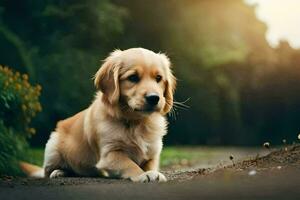 un dorado perdiguero perrito sentado en el la carretera. generado por ai foto