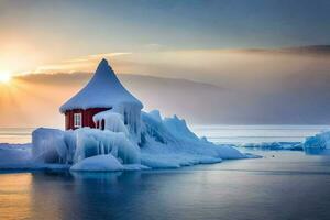 a red house on an iceberg in the middle of the ocean. AI-Generated photo