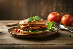 a hamburger with tomatoes and herbs on a wooden table. AI-Generated photo
