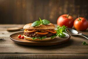 un hamburguesa con Tomates y hierbas en un de madera mesa. generado por ai foto