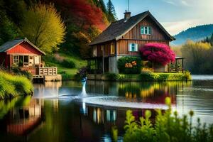 a house sits on the edge of a lake with a duck. AI-Generated photo