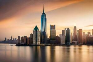 the city skyline at sunset in new york. AI-Generated photo