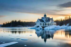 a church on ice in the middle of a lake. AI-Generated photo