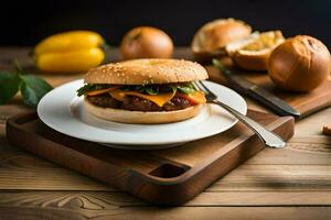 a hamburger on a plate with a knife and a knife. AI-Generated photo
