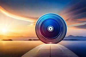 a blue disc is sitting on a dock at sunset. AI-Generated photo