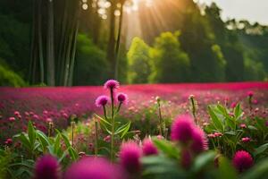 pink flowers in a field with the sun shining. AI-Generated photo