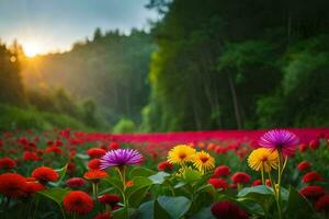 colorful flowers in a field at sunset. AI-Generated photo