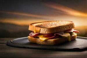 a grilled cheese sandwich on a black plate with a sunset in the background. AI-Generated photo