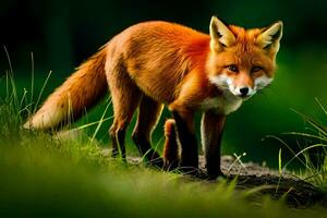 a red fox is walking in the grass. AI-Generated photo