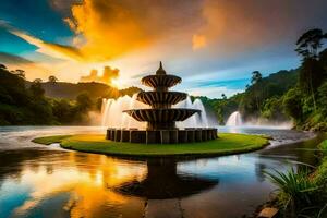 the sun sets over a fountain in the middle of a lake. AI-Generated photo