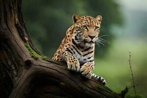 a leopard is sitting on a tree branch. AI-Generated photo