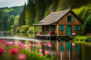 a small cabin sits on the shore of a river. AI-Generated photo