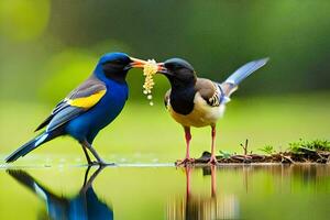 dos aves en pie en el agua con comida en su picos generado por ai foto