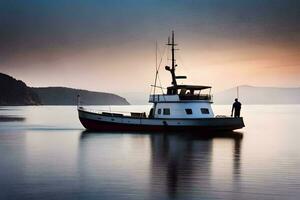 un barco es flotante en el agua a puesta de sol. generado por ai foto