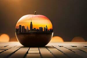 un manzana con un ciudad horizonte en el medio. generado por ai foto
