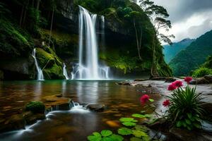 the waterfall is surrounded by lush green vegetation and flowers. AI-Generated photo