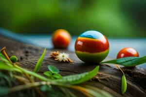 colorful eggs on a wooden surface. AI-Generated photo