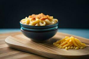 macarrones y queso en un cuenco en un de madera corte tablero. generado por ai foto