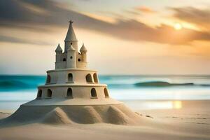 a sand castle on the beach at sunset. AI-Generated photo