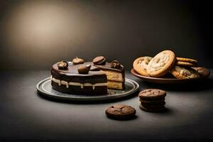 a chocolate cake with cookies on a dark table. AI-Generated photo