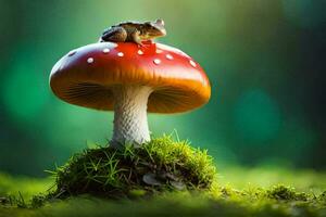 a frog sits on top of a mushroom. AI-Generated photo