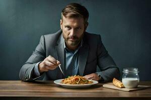 a man in a suit is eating spaghetti. AI-Generated photo