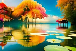 colorful tropical landscape with water lillies and palm trees. AI-Generated photo