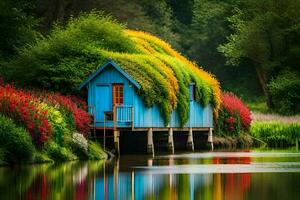 un azul casa se sienta en el borde de un río. generado por ai foto