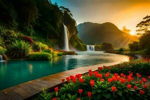 photo wallpaper the sky, flowers, water, waterfall, mountains, sunrise, the sun, flowers. AI-Generated