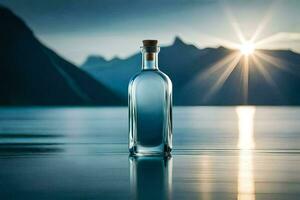 a bottle of water sits on the water with mountains in the background. AI-Generated photo