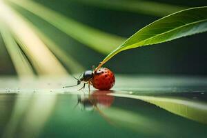 a ladybug on a leaf with a red fruit. AI-Generated photo