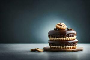 un chocolate pastel con nueces y un estrella en cima. generado por ai foto