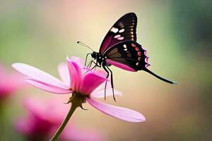 un mariposa es sentado en un rosado flor. generado por ai foto