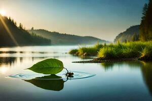 un hoja es flotante en el agua a puesta de sol. generado por ai foto