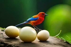 a colorful bird sits on top of four eggs. AI-Generated photo