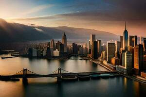 the sun shines over the city skyline and the manhattan bridge. AI-Generated photo