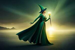 un mujer en un verde vestir participación un varita mágica. generado por ai foto