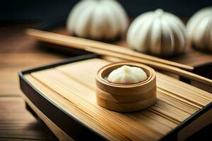 a bamboo box with dumplings and chopsticks. AI-Generated photo