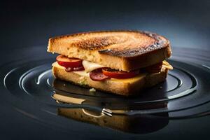 a grilled cheese sandwich on a black plate. AI-Generated photo