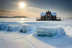 a house sits on top of a frozen lake. AI-Generated photo