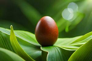 a brown egg sitting on top of a green leaf. AI-Generated photo