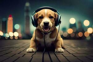 a dog wearing headphones sits on the ground. AI-Generated photo