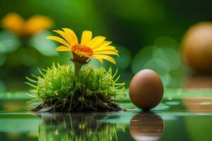 a brown egg sitting on top of a flower in water. AI-Generated photo