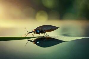 a bug sitting on a leaf in the water. AI-Generated photo