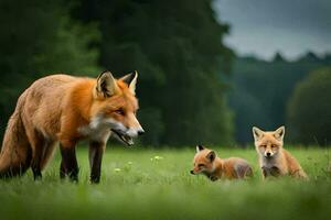 a fox and her cubs in a field. AI-Generated photo