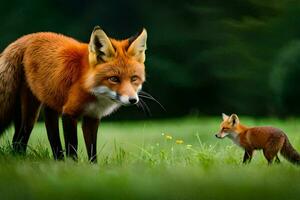 un madre zorro y su cachorro en un campo. generado por ai foto