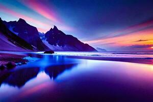 a beautiful sunset over the ocean and mountains. AI-Generated photo