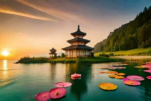 the beautiful pagoda and lotus flowers at sunset. AI-Generated photo